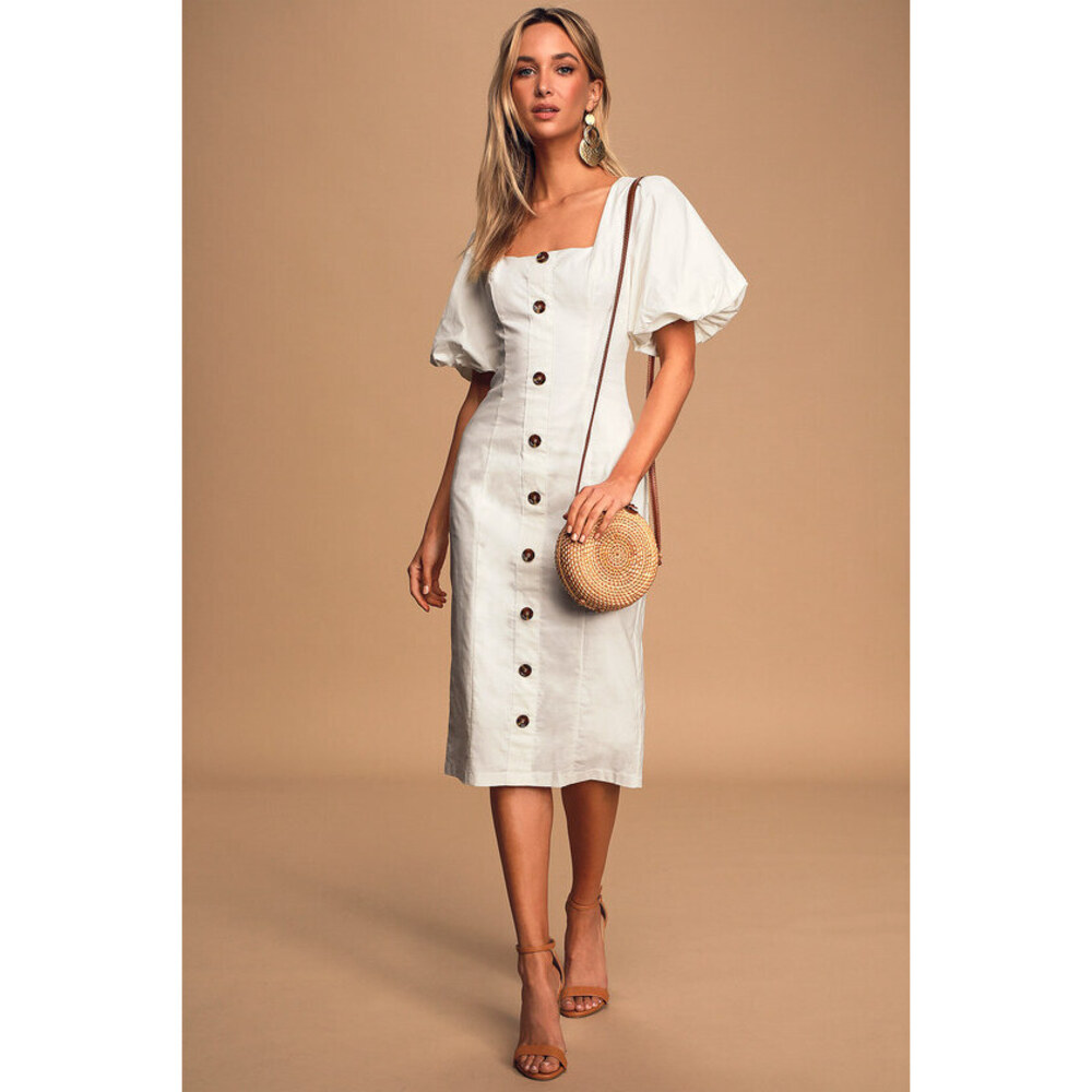 Lulus Song Of Spring White Puff Sleeve Button-front Midi Dress - Size S